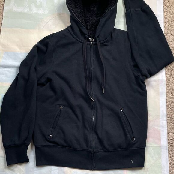 GREEN TEA Black Sherpa Lined Zip Up Hoodie Jacket Sz Medium - Picture 2 of 8